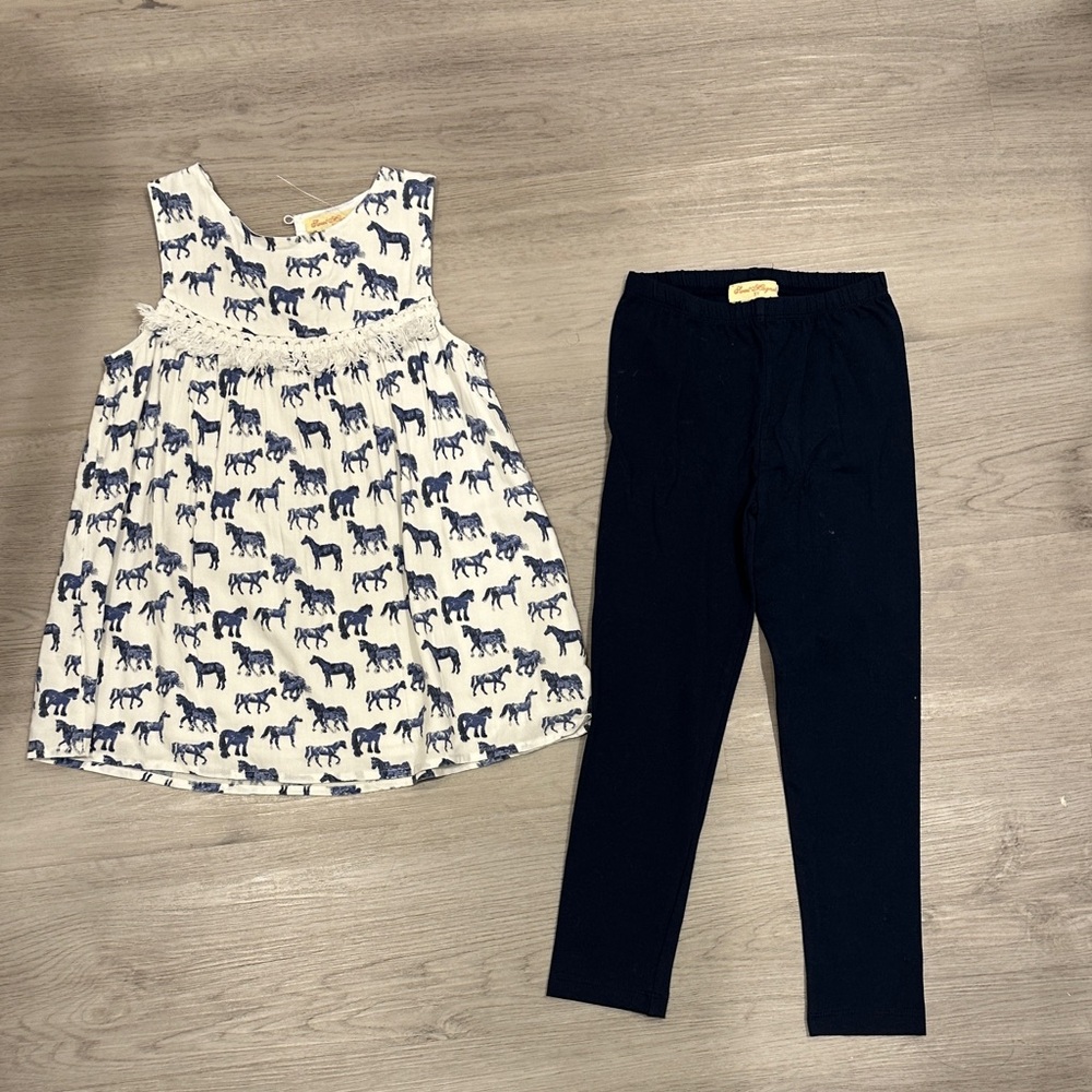 Kids Horse Print Dress and navy Leggings Set